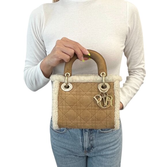 Christian Dior Lady Dior Cannage Mouton 2way Mini Bag Camel Gold Suede [105603] - Picture 4 of 15